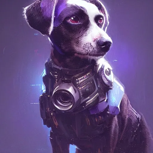 a beautiful portrait of a cute cyberpunk dog by greg rutkowski and wlop, purple blue color scheme, high key lighting, digital art, highly detailed, fine detail, intricate, ornate, complex , 3D