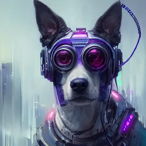 a beautiful portrait of a cute cyberpunk dog by greg rutkowski and wlop, purple blue color scheme, high key lighting, digital art, highly detailed, fine detail, intricate, ornate, complex , 3D