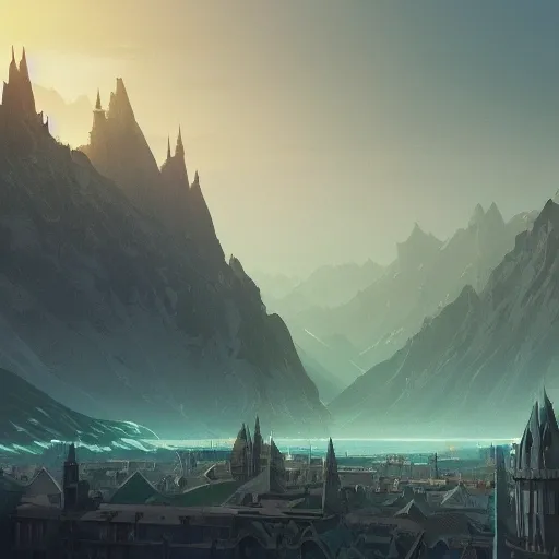 Authentic illustrations of different cities in The Lord of the Rings,Magnificent super wide angle,high quality, 8k,high resolution, city landscape, side scrolling, Rule of Thirds, 4K, Retrofuturism,by makoto shinkai,Anton Fadeev, thomas kinkade,greg rutkowski