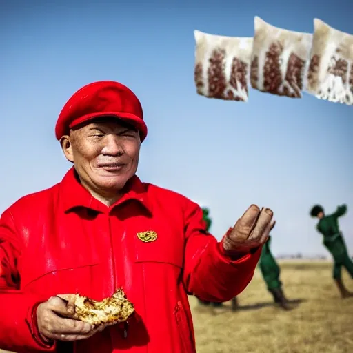 A middle-aged man wearing a Red Army uniform from the Chinese Liberation War, holding a piece of vegetarian meat in his hand, ready to tear and eat, with Weifang kites in the background. Cartoon style. 8k。 ar16:9, Cartoon