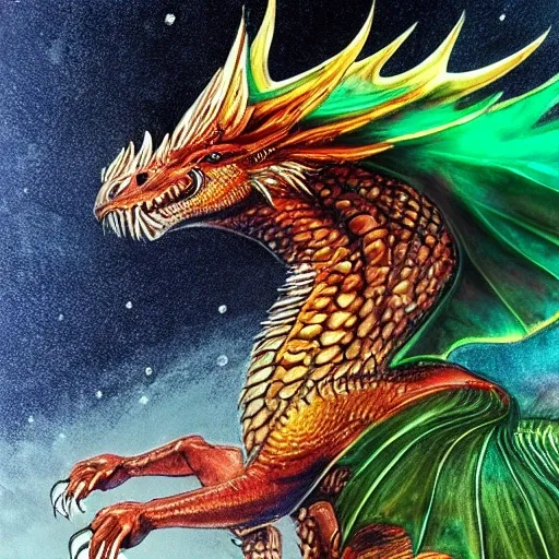 a realistic  dragon with the head of a lion, in the storm night, the tail of a pheasant, the hind legs of a horse, metallic, red and blue, with a valley of erupting volcanoes background, white wings, realistic, epic, and ridden by a beautiful blonde valkyrie, green metallic hair, , Water Color