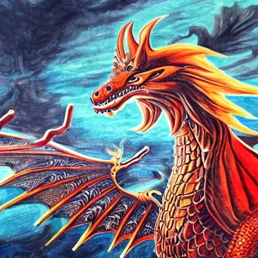 a realistic  dragon with the head of a lion, in the storm night, the tail of a pheasant, the hind legs of a horse, metallic, red and blue, with a valley of erupting volcanoes background, white wings, realistic, epic, and ridden by a beautiful blonde valkyrie, green metallic hair, , Water Color, Trippy