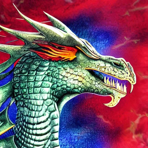 a realistic  dragon with the head of a lion, in the storm night, the tail of a pheasant, the hind legs of a horse, metallic, red and blue, with a valley of erupting volcanoes background, white wings, realistic, epic, and ridden by a beautiful blonde valkyrie, green metallic hair, , Water Color, Trippy, Cartoon