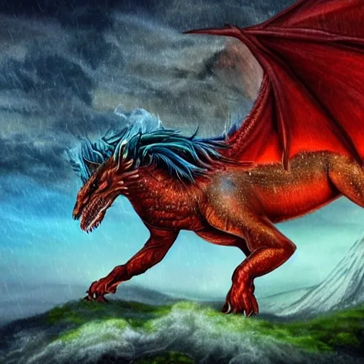 a realistic  dragon with the head of a lion, in the storm night, the tail of a pheasant, the hind legs of a horse, metallic, red and blue, with a valley of erupting volcanoes background, white wings, realistic, epic, and ridden by a beautiful blonde valkyrie, green metallic hair, , Water Color, Trippy, Cartoon, 3D