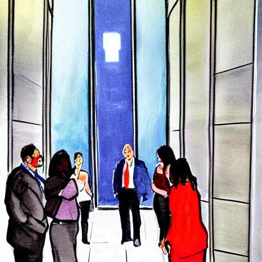 The lobby of 7 World Trade Center is bustling with people, all heading to their destinations with the help of a face-recognition biometric security system and the elevator dispatcher who stands watch, directing passengers to the appropriate elevators., Cartoon, Oil Painting, Water Color