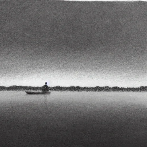 an old man sitting in a boat floating in the lake, mountains far away, foggy, Pencil Sketch