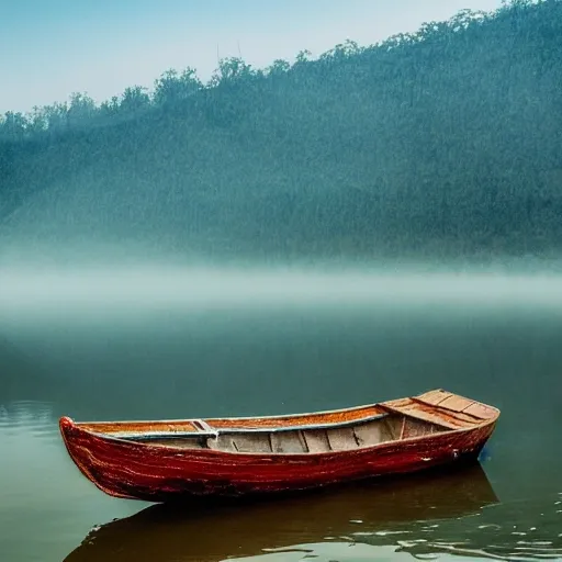 an old man sitting in a boat floating in the lake, mountains far away, foggy, Water Color