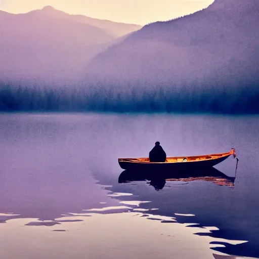 old man sitting in a boat floating lonely in the lake, mountains far away, foggy, Water Color