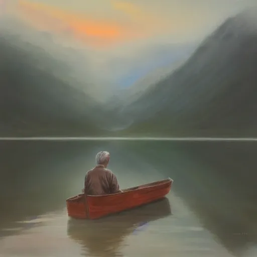 old man sitting in a boat floating lonely in the lake, mountains far away, foggy, Wash painting