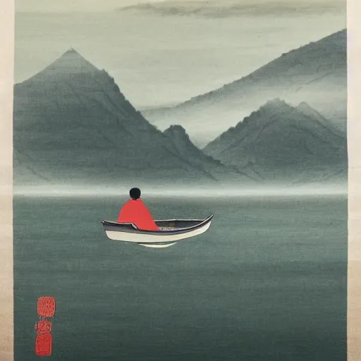 old man sitting in a boat floating lonely in the lake, mountains far away, foggy, chinese traditional painting