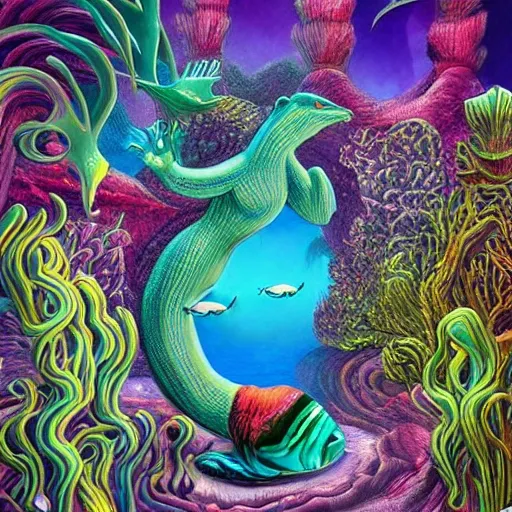 A digital art illustration in the style of surrealism, depicting an underwater world filled with strange and otherworldly creatures. The colors are vibrant and surreal, with reflections of the creatures creating a dreamlike atmosphere. The artist has paid meticulous attention to detail, with intricate patterns and textures adorning each creature. The overall effect is beautiful and intriguing, with the viewer feeling as though they are exploring an unknown realm., Trippy