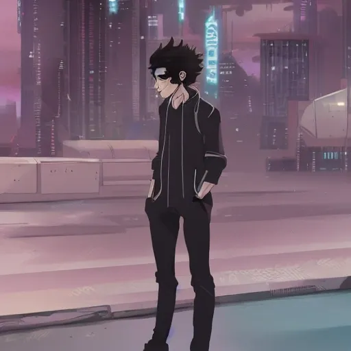 skinny guy with dark brown curly hair, greek nose, skinny in the style of cyberpunk edgerunners anime