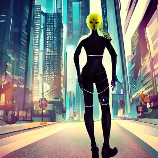 girl, sci-fi suit, cyberpunk cityscape