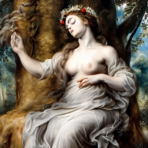 Ultra detailed illustration of A Greek Goddess in a forest, her eyes closed in meditation, Romantic lighting, Pearls, Elegant hair, robes, (Peter Paul Rubens), Ancient Greek aesthetics, Marble city, Sunshine, Dreamlike, Stunning enviorment