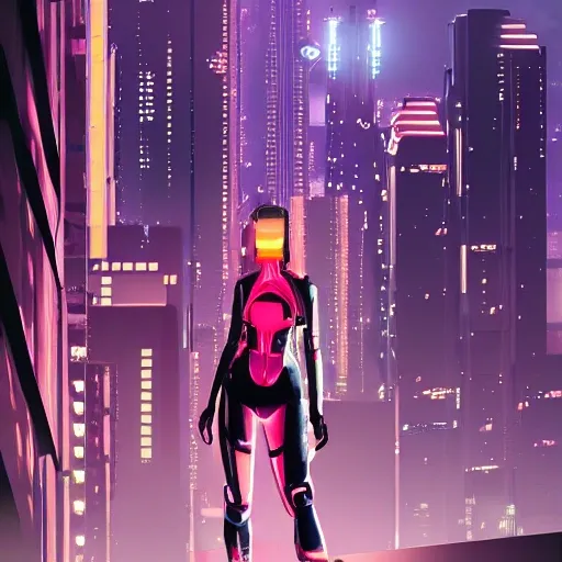 girl, sci-fi suit, cyberpunk cityscape