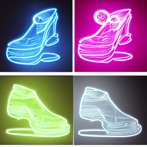 Shoes: Laser neon, Spectral art, advertising, surrealism, 3d art, ultra-high detail, working lighting