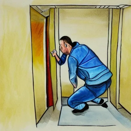 Create a picture of a man in an elevator, struggling to reach up towards an escape hatch in the ceiling. He's in a desperate situation, and it's taking all of his strength and determination to make it up to the hatch, which is locked shut. Show the height of the handrail in the car, and the precarious nature of his climb, Cartoon, 3D, Water Color, Oil Painting