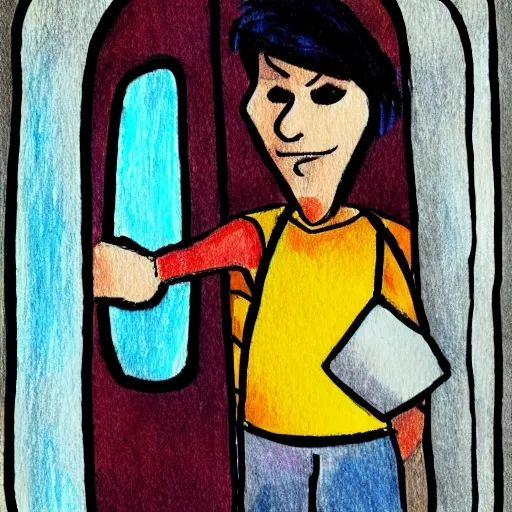 Draw a picture of a person in an elevator, stuck, Cartoon, Oil Painting, Water Color