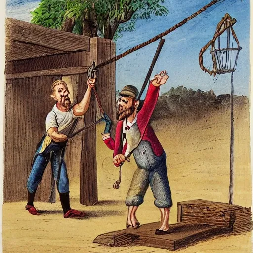 a picture of a person standing on a wooden platform with an axe in one hand and a hoist rope in the other, about to cut the rope to demonstrate a brake invented by Elisha Otis, Cartoon, Oil Painting, Water Color