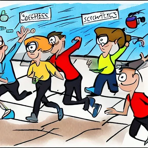 A group of scientists, running from right to left, Cartoon