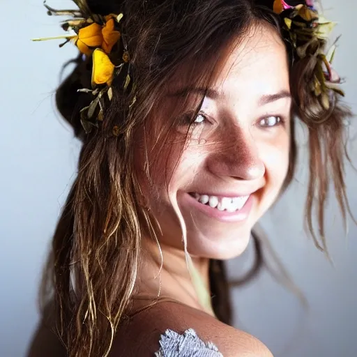 The girl with the petals in her hair, smile