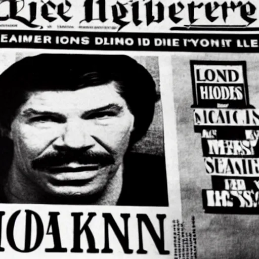 Newspaper cover with a half-page photo of actor Charles Bronson, below a headline in bold letters about a homicide and the text of the article