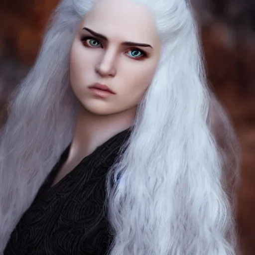 Valyrian female, long intricate pale white hair, photo realistic, highly detailed