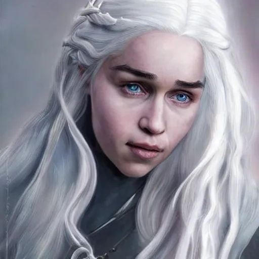 Daenerys Targaryen, long intricate pale white hair, photo realistic, highly detailed