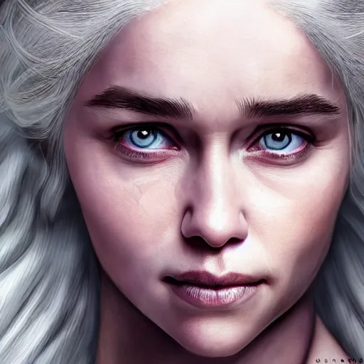 Daenerys Targaryen, pure face, detailed violet eyes, long intricate white hair, cinematic lighting, warm color schema, photo realistic, detailed face, seductive, realistic, hyper-realistic, highly detailed, depth of field