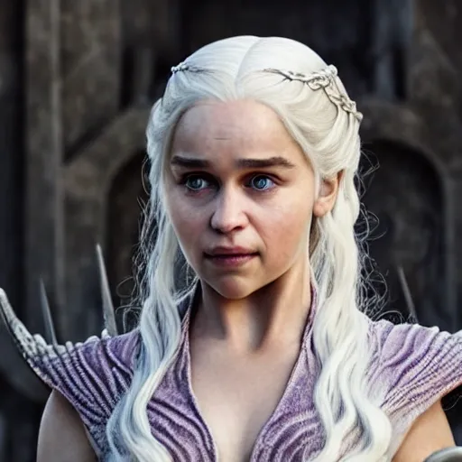 Daenerys Targaryen, pure face, detailed violet eyes, long intricate white hair, cinematic lighting, photo realistic, detailed face, seductive, realistic, hyper-realistic, highly detailed, depth of field