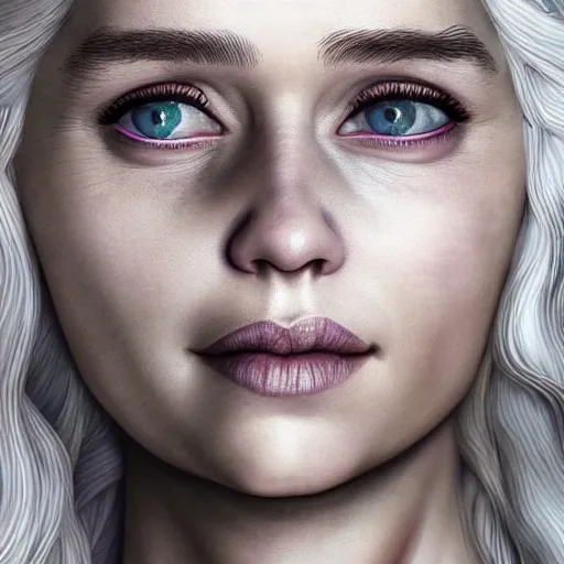 Daenerys Targaryen, happy face, detailed violet eyes, long intricate white hair, cinematic lighting, photo realistic, detailed face, seductive, realistic, hyper-realistic, highly detailed, depth of field