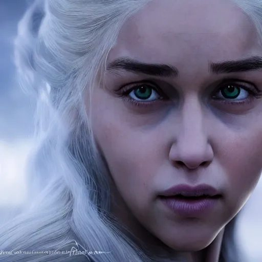 Daenerys Targaryen, angry, detailed violet eyes, long intricate white hair, warm cinematic lighting, photo realistic, detailed face, seductive, realistic, hyper-realistic, highly detailed, depth of field