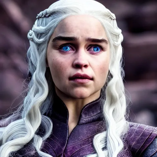 angry Daenerys Targaryen, detailed violet eyes, long intricate white hair, warm cinematic lighting, photo realistic, detailed face, seductive, realistic, hyper-realistic, highly detailed, depth of field