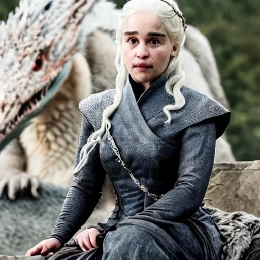 very happy Daenerys Targaryen, sitting on a dragon