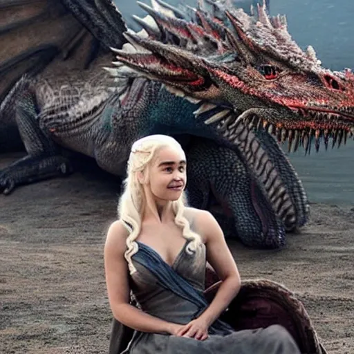 very happy Daenerys Targaryen, sitting on a dragon