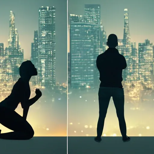 3d Render of a woman crying down on her knees while a man stands in the back looking at the horizon, set against a a big city at night, close-up, cinematic, high contrast, rim light,  fiery effect, photo, realistic, extremely detailed,masterpiece