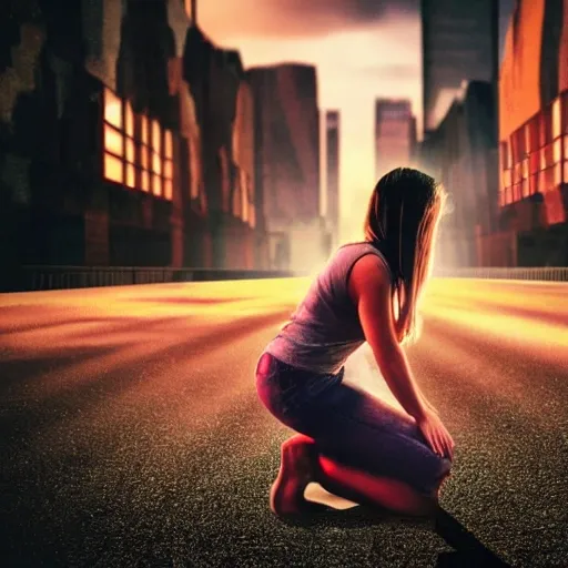 3d Render of a woman crying down on her knees while a man stands in the back looking at the horizon, set against a a big city at night, closed-up characters, cinematic, high contrast, rim light,  fiery effect, photo, realistic, extremely detailed, masterpiece, HDR:1.2, illustration, vibrant, cgi