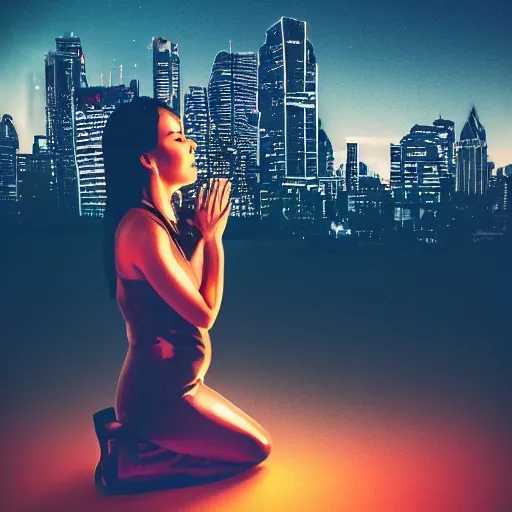 A beautiful woman crying down on her knees while a man stands in the back looking at the horizon, set against a a big city at night, cinematic style, high contrast, rim light,  fiery effect, photo, realistic, extremely detailed, masterpiece, HDR:1.2, illustration, vibrant, cgi, photograph, 3D