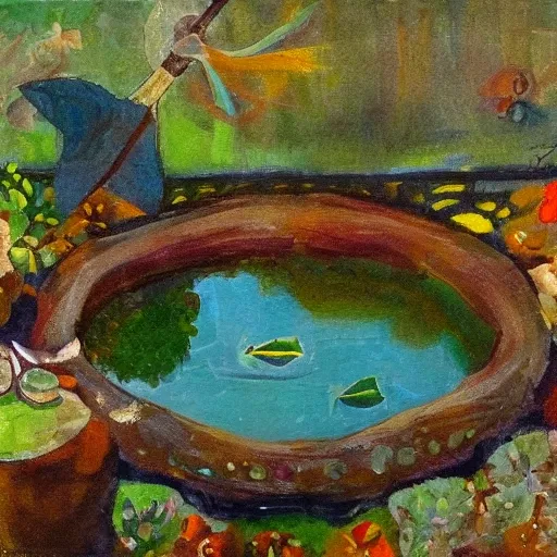 fishman, three fish , small pond, morning view 

