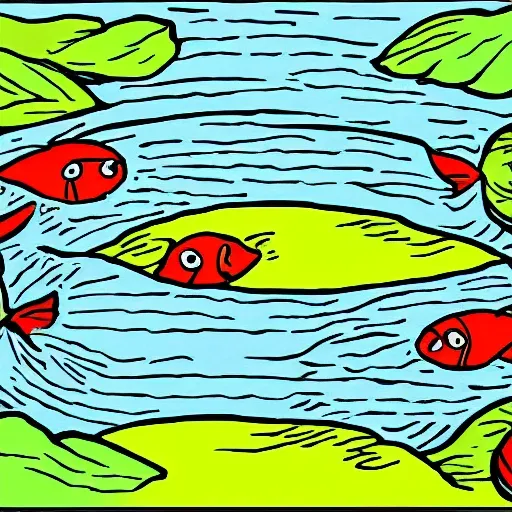 fishman, three fish , small pond, morning view 

, Cartoon