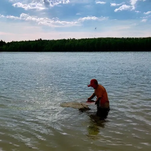 fish man, 3 fish, fresh water, lake view 