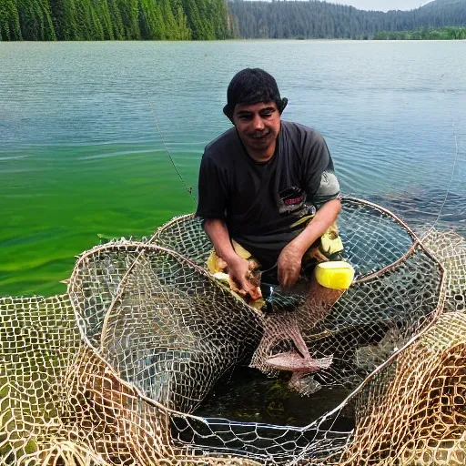 fish man, 3 fish, fresh water, lake view, fish in net
