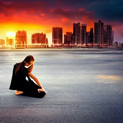 An image that shows a Woman asking for forgiveness to a man. In the style of a fine-art photography, an image shows a city in the foreground with a dramatic sunset in the background. The image is perfect, with a flawless composition and stunning use of color. The lighting is warm and inviting, with a glow that creates a magical atmosphere. The image is refreshing and beautiful, capturing the essence of nature in all its glory.