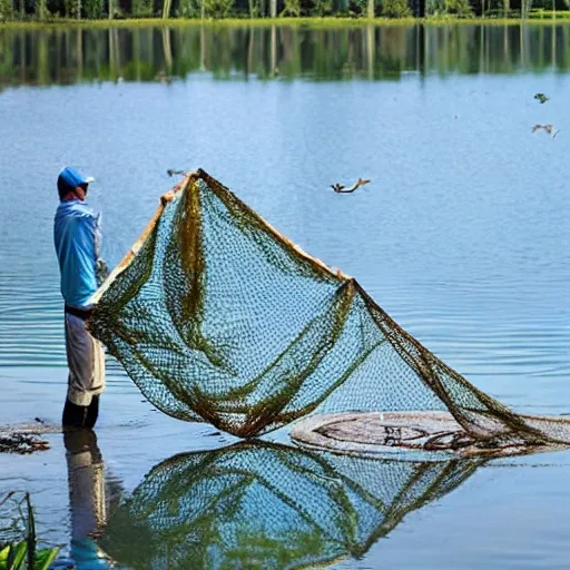 fish man, 3 fish, fresh water, lake view, fish in net
, 