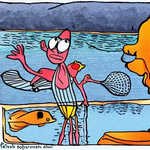 fish man, 3 fish, fresh water, lake view, fish in net
, , Cartoon