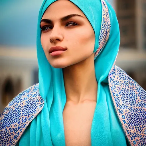 A stunning young Muslim woman with fair skin and delicate features is standing in front of the Kaaba, surrounded by the beautiful architecture of the Grand Mosque in Mecca. She is wearing a beautiful blue hijab that matches her piercing blue eyes. The hijab is intricately designed with intricate patterns, and she wears it elegantly, framing her face perfectly. The sunlight illuminates her face, casting a soft and serene glow on her skin. The camera is a 50mm lens, shooting at a medium shot. The image is rendered with high detail and high resolution, creating a breathtakingly beautiful and realistic scene., 3D