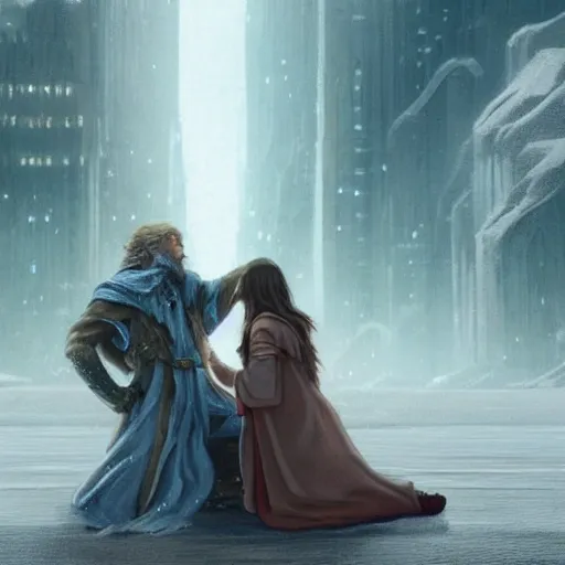 Authentic illustration of  a pretty woman asking for forgiveness down on her knees to a man crying in a city in The Lord of the Rings,Magnificent super wide angle,high quality, 8k,high resolution, city landscape, side scrolling, Rule of Thirds, 4K, Retrofuturism,by makoto shinkai,Anton Fadeev, thomas kinkade,greg rutkowski, 