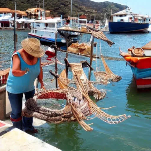 un puerto de pescadores artesanales con sirenas nadando en los alrededores