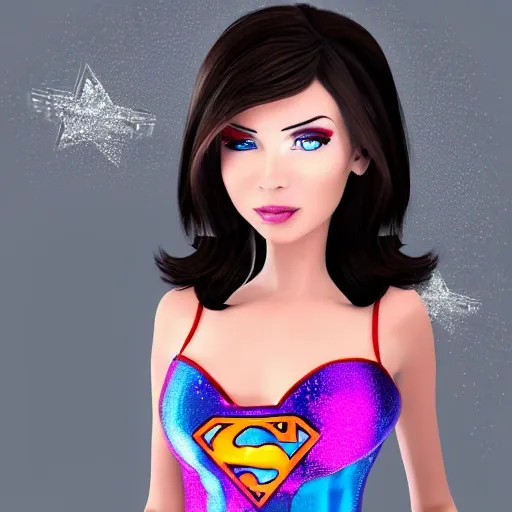 , Cartoon
Una superheroina de cuerpo entero, vestida con un traje enterizo de color plateado brillante con detalles amarillos. Sus ojos de color rojo luminoso y cabello amarillo. 