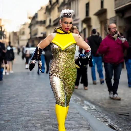 Una superheroina parada de cuerpo entero en la calle, vestida con un traje enterizo de color plateado brillante. Sus ojos son grandes y de color rojo luminoso, tiene cabello amarillo brillante y usa unas botas amarillas brillantes.